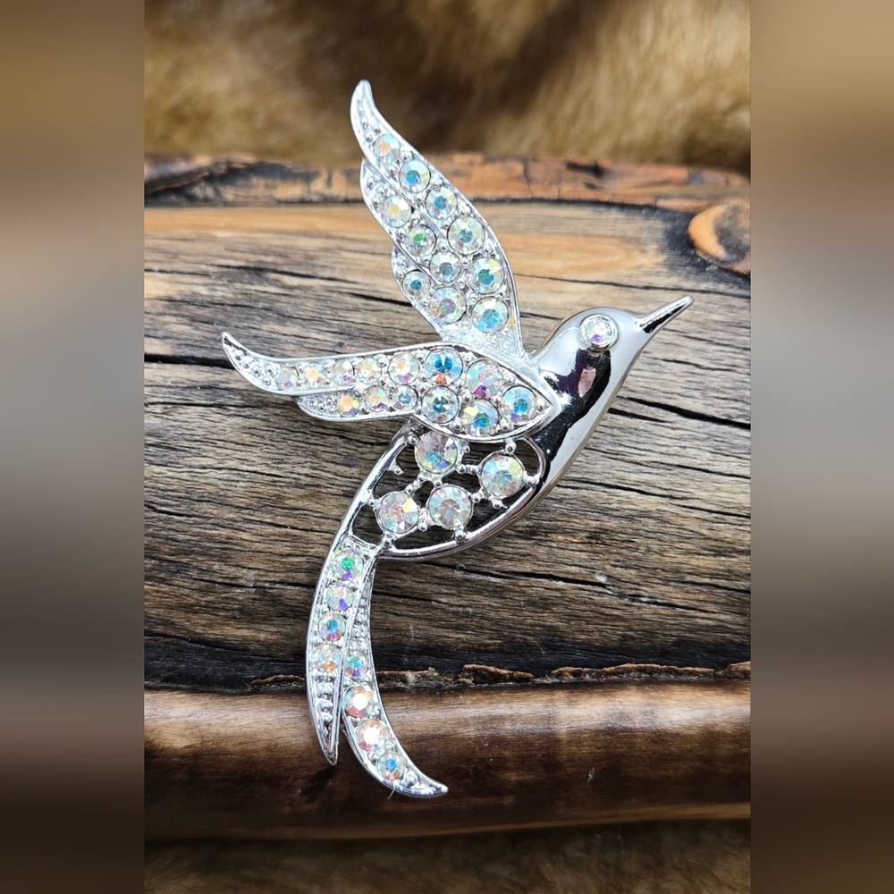 Sarah Coventry Brooch Bird of Paradise Silvee Tone w/ AB Crystals NWOT